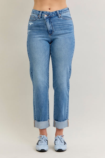 Judy Blue HW BF Criss-Cross Mild Destroy Single Cuff Jean