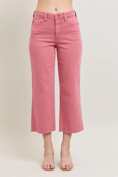 Judy Blue HW Raw Hem Crop Wide in Rose
