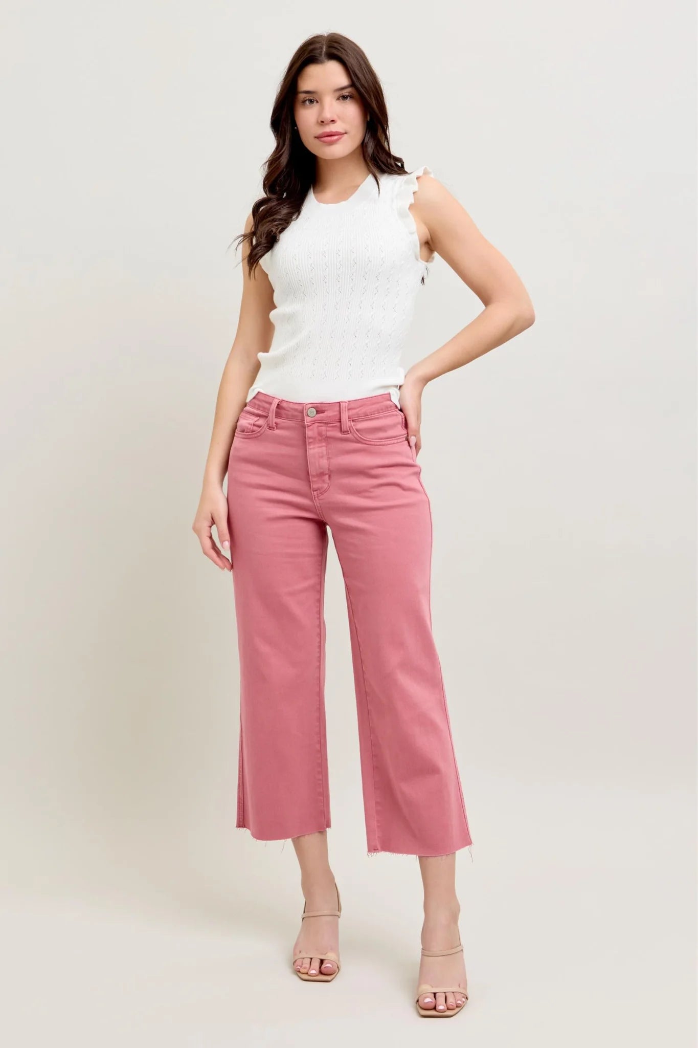 Judy Blue HW Raw Hem Crop Wide in Rose