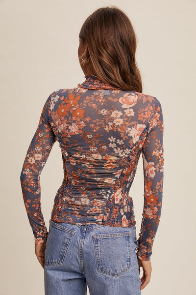 Ruched Floral Mesh Top