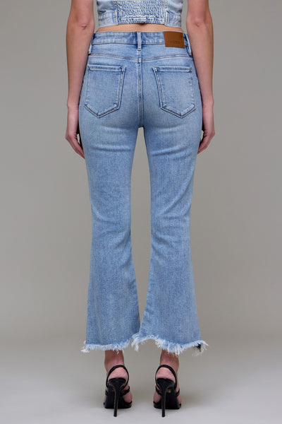 HIDDEN Medium Wash Clean Frayed Hem Stretch Crop Flare