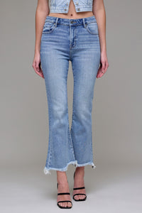 HIDDEN Medium Wash Clean Frayed Hem Stretch Crop Flare
