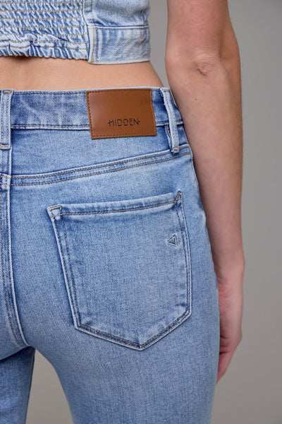 HIDDEN Medium Wash Clean Frayed Hem Stretch Crop Flare