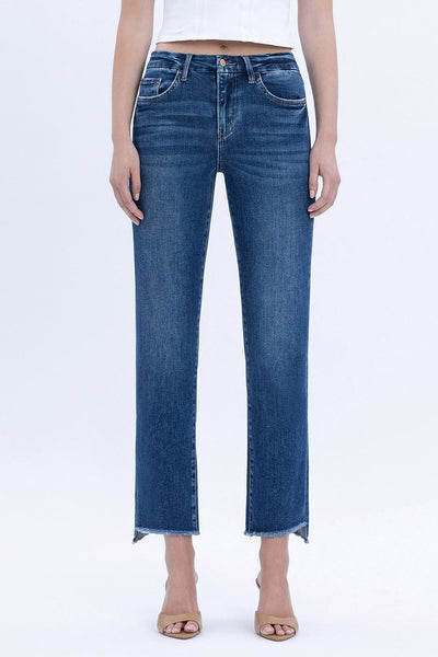 Flying Monkey High Rise Raw Slant Hem Slim Straight Jeans