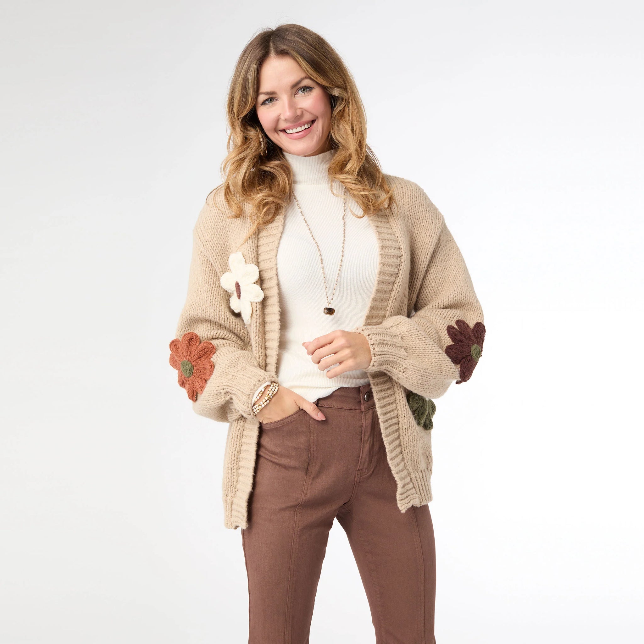 Caroline Open Cardigan with Flower Detail