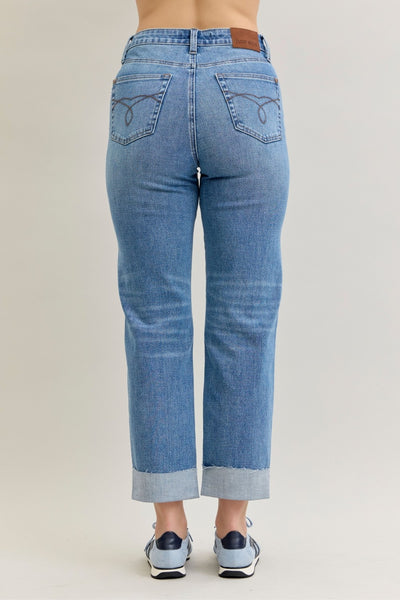 Judy Blue HW BF Criss-Cross Mild Destroy Single Cuff Jean