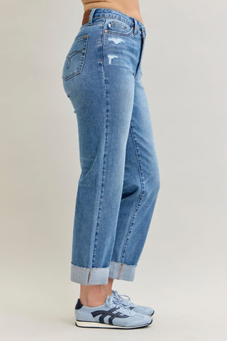 Judy Blue HW BF Criss-Cross Mild Destroy Single Cuff Jean
