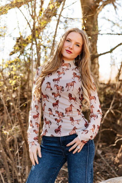Mock Neck Mesh Horse Top