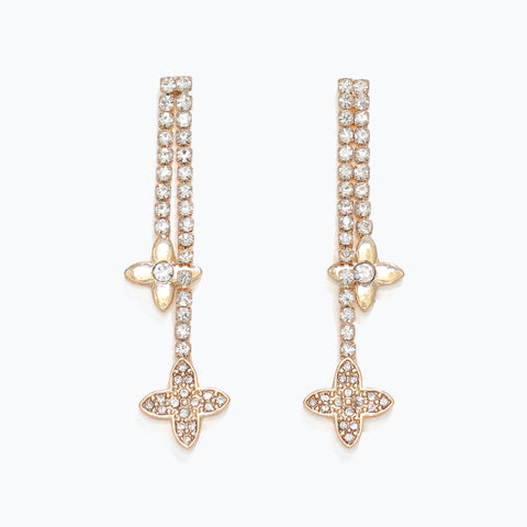 Earrings-Gold Clover+Crystal Drops