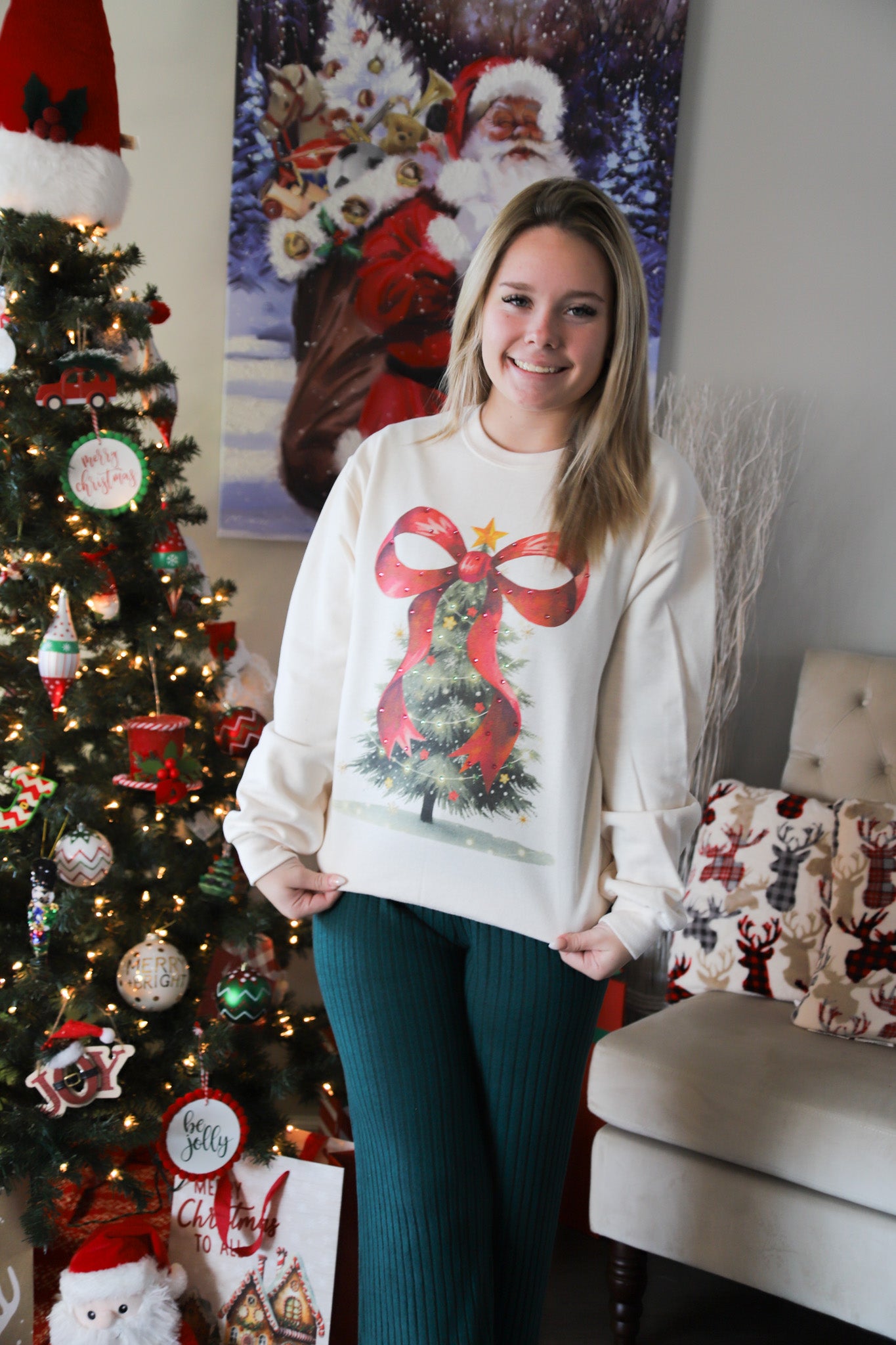 Rhinestone Bow Christmas Tree Sweatshirt