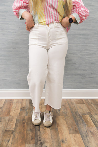 Judy Blue HW Wide Crop Front Patch Pockets White Jean