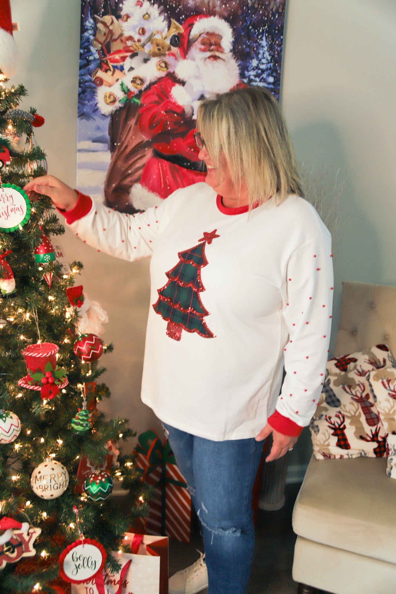 Plaid Tree Patch On Ivory Long-Sleeve Shirt