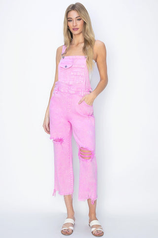 Risen High Rise Distressed Pink Straight Overalls