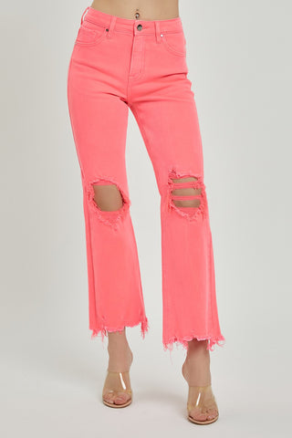 Risen HR Distressed Straight Neon Coral Pant