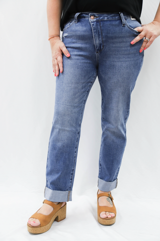 Judy Blue HW BF Criss-Cross Mild Destroy Single Cuff Jean