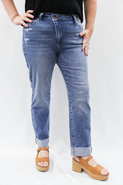 Judy Blue HW BF Criss-Cross Mild Destroy Single Cuff Jean