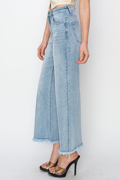 Risen HR Crop Wide Fray Hem Light Denim