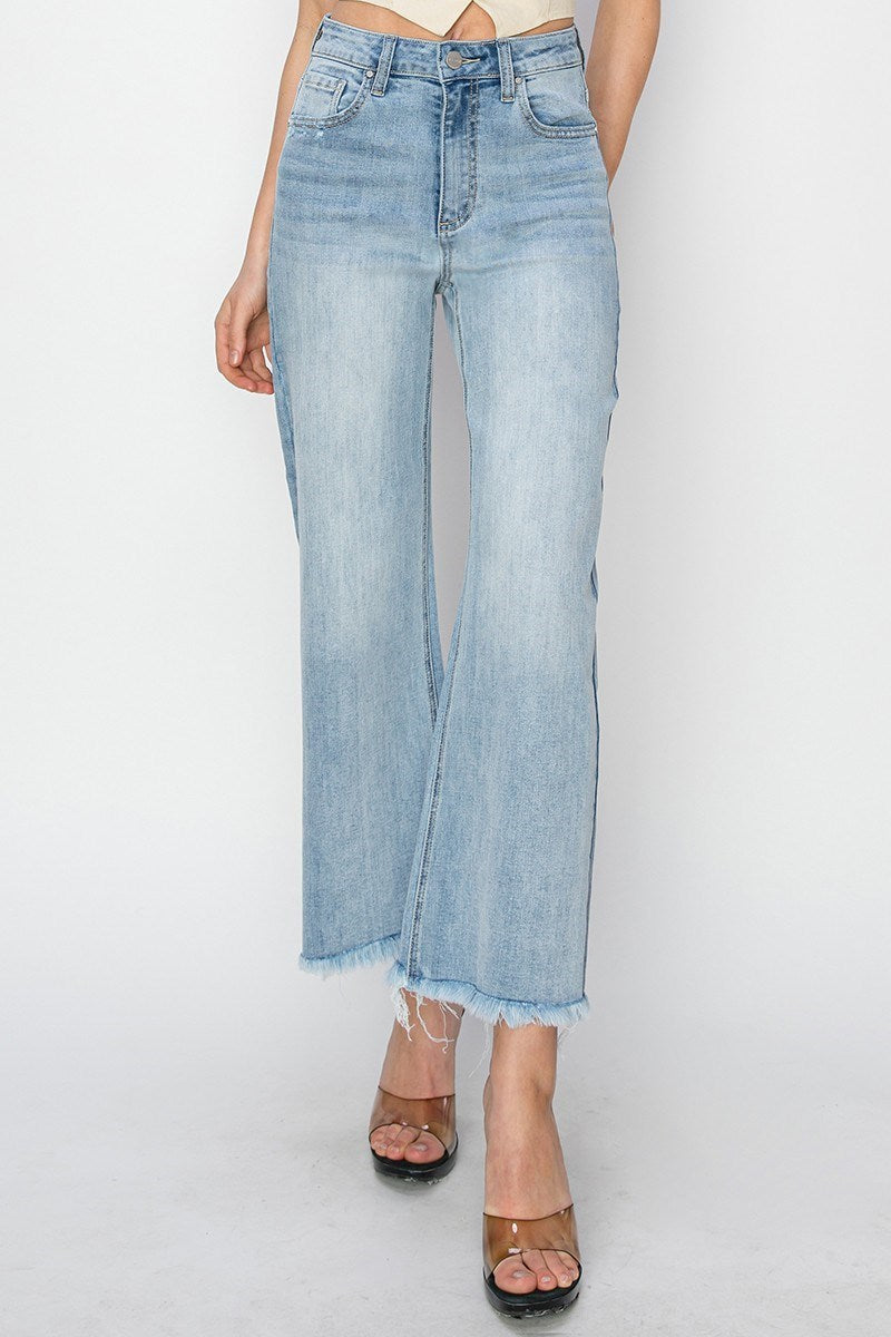 Risen HR Crop Wide Fray Hem Light Denim