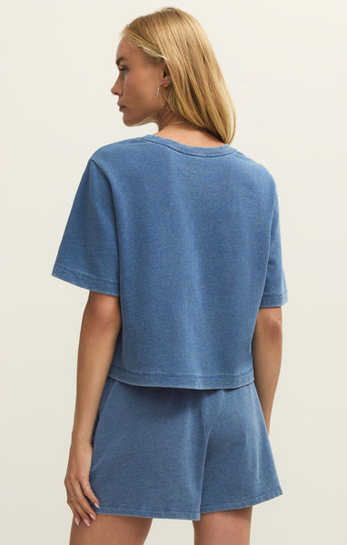 Z Supply Curran Knit Denim Sweatshirt Calypso Blue Indigo
