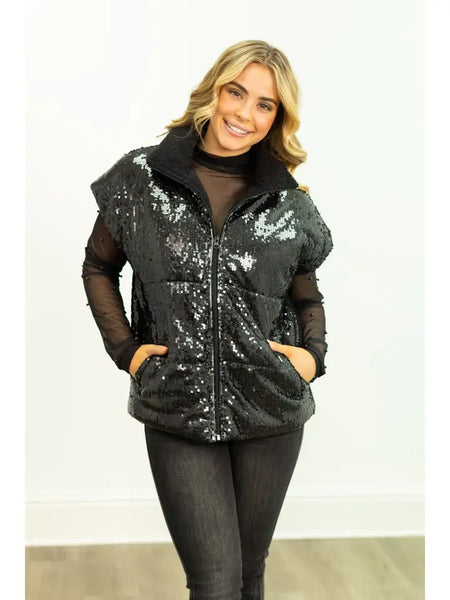 Black Sequin Puffer Vest