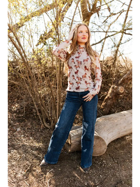 Mock Neck Mesh Horse Top